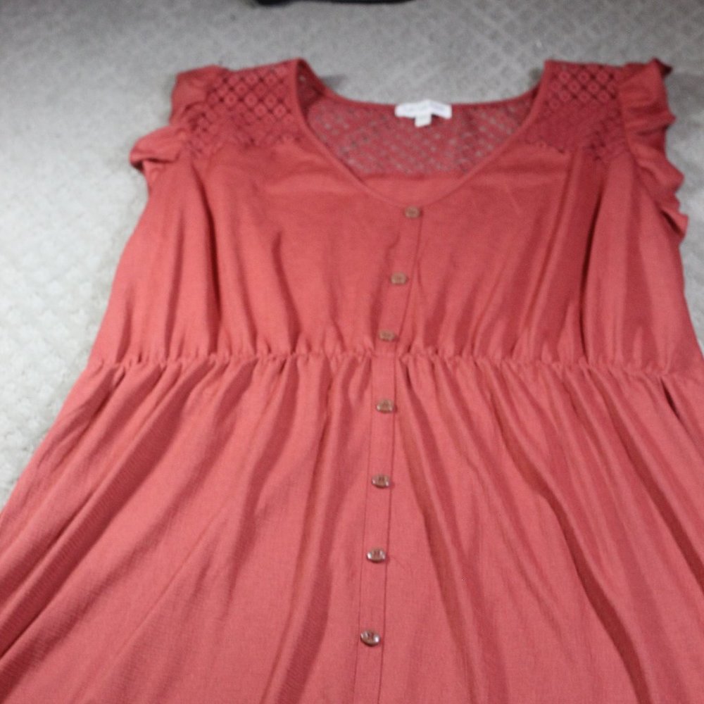 Full Circle Trends Size 3X Sleeveless Ruffled-Opening Terracotta-colored Dress